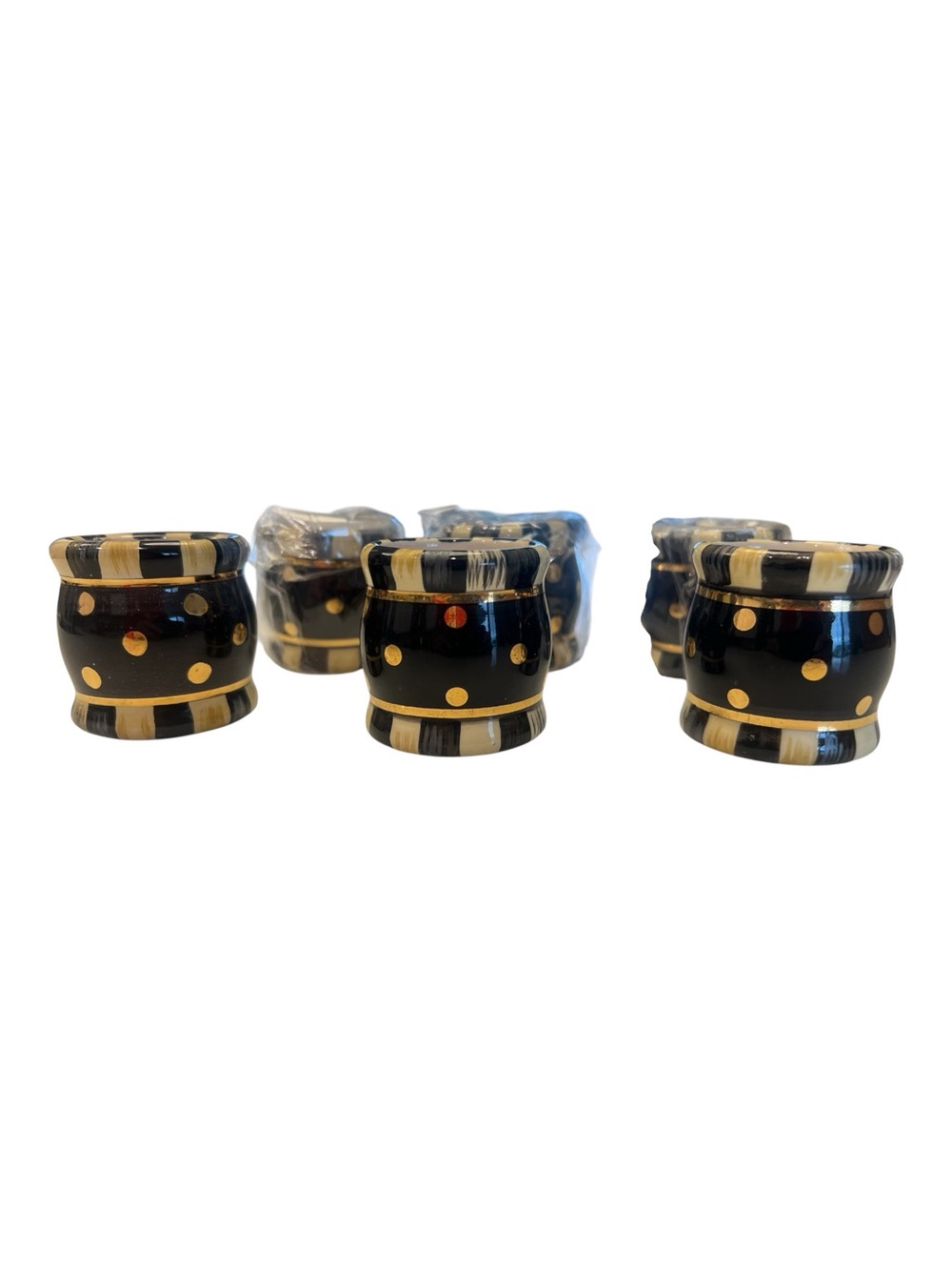 Lot of 6 MacKenzie-Childs Black Tie Courtly Stripe Ceramic Napkin Rings Gold Dot